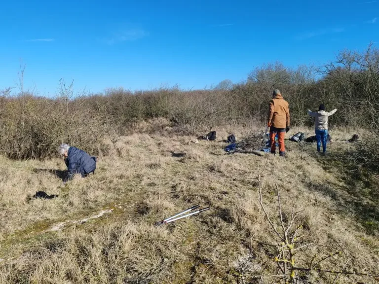 Photographie de bénévoles lors d'une animation chantier nature en milieu naturel herbacé à Landrethun-Le-Nord / Leubringhen dans le Pas-de-Calais (Hauts-de-France). Site CEN : RNR - Forteresse de Mimoyecques et Coteaux