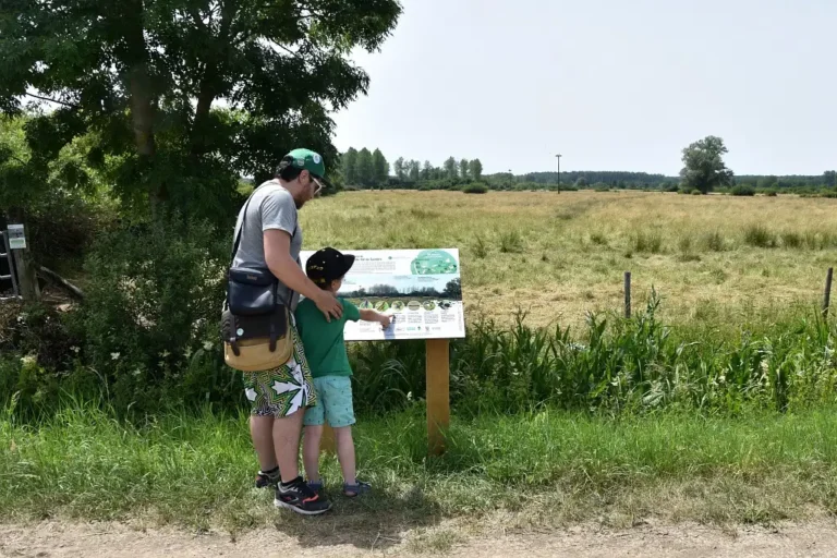 Photographie d'un promeneur et de son enfant devant une table de lecture de la Réserve naturelle régionale des Prairies du Val de Sambre ( Nord)