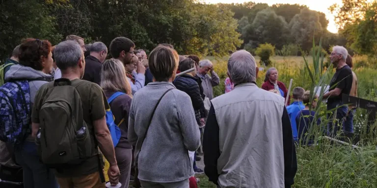 Photographie d'une animation sortie nature grand public sur le site de la Réserve Naturelle Nationale (RNN)de l'Etang Saint-Ladre à Boves (Somme). Balade contée en picard par Mariel