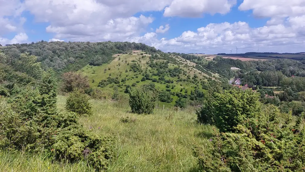Photographie panoramique de la Réserve Naturelle Nationale (RNN) : la grotte et les pelouses d'Acquin-Westbécourt et les coteaux de Wavrans-sur-l'Aa) dans le Pas-de-Calais.