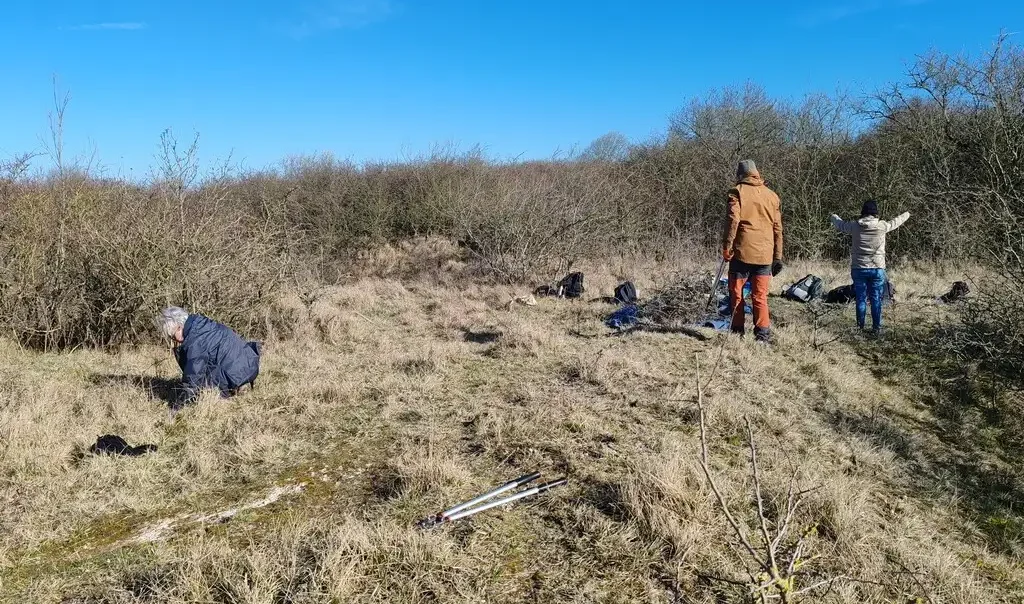 Photographie de bénévoles lors d'une animation chantier nature en milieu naturel herbacé à Landrethun-Le-Nord / Leubringhen dans le Pas-de-Calais (Hauts-de-France). Site CEN : RNR - Forteresse de Mimoyecques et Coteaux